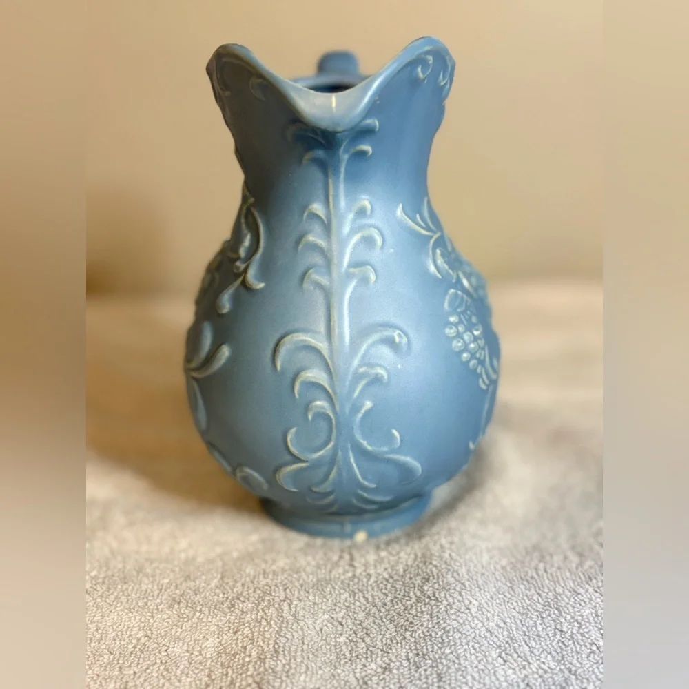 Vintage Blue Pottery Vase Pitcher Grape Design 7in
